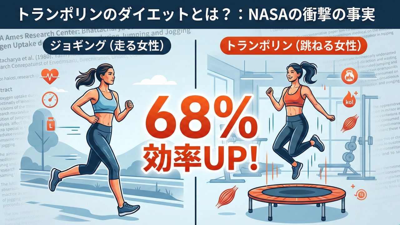 NASAの研究データに基づく、トランポリンとジョギングの運動効率比較インフォグラフィック。「68%効率UP!」と記載されている。