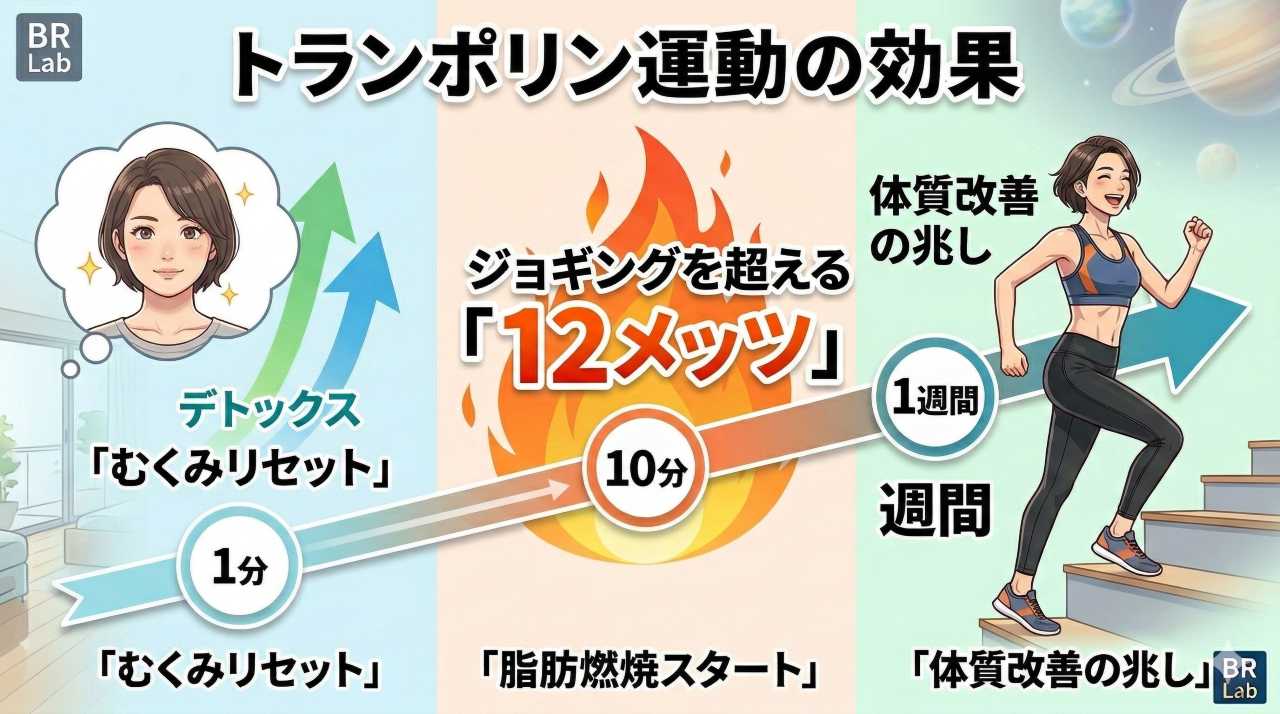 トランポリン運動の効果を時間経過で示した図解。1分でむくみリセット、10分で脂肪燃焼（12メッツ）、1週間で体質改善の兆しが現れるステップを解説しています。