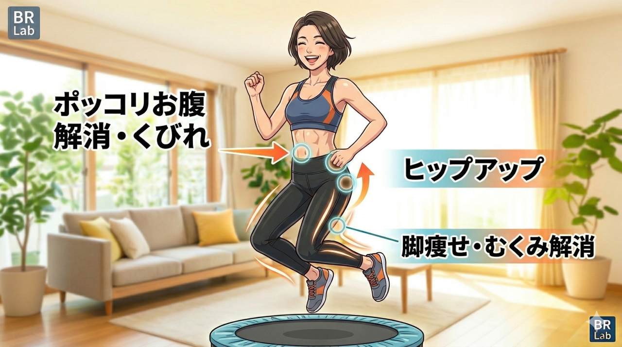 トランポリンダイエットの部位別効果を示すイラスト。ポッコリお腹解消・くびれ、ヒップアップ、脚痩せ・むくみ解消など、全身のシェイプアップ効果を解説しています。