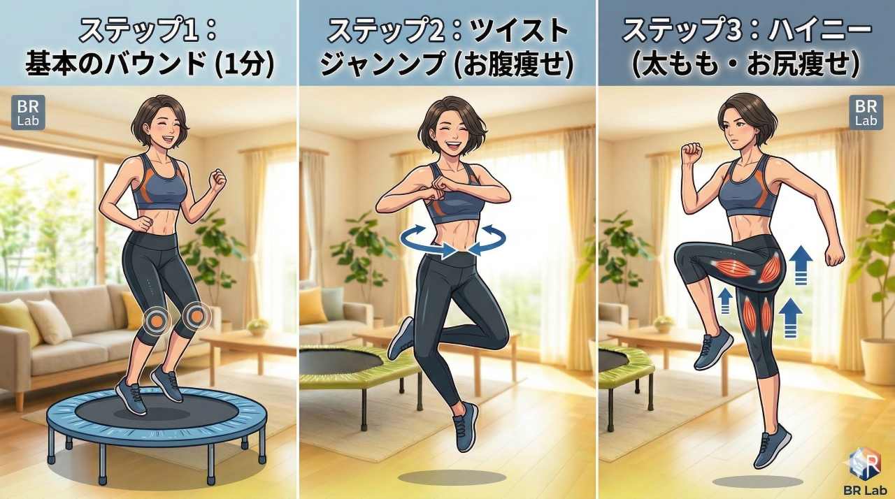 トランポリンダイエットの実践的なやり方を3ステップで解説したイラスト。ステップ1は基本のバウンド、ステップ2はお腹痩せに効くツイストジャンプ、ステップ3は太ももとお尻痩せに効くハイニーの動きを紹介しています。
