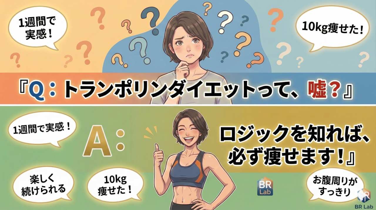 「トランポリンダイエットって嘘？」という疑問に対するQ&A図解。「ロジックを知れば必ず痩せます」というプロの回答と、痩せたというポジティブな口コミを紹介しています。